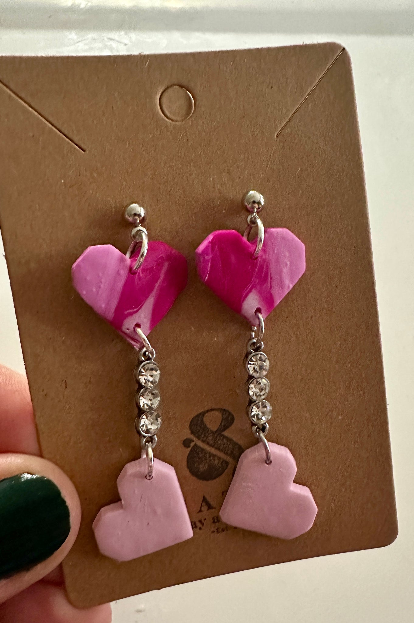Stacked Pink hearts with silver diamond charms